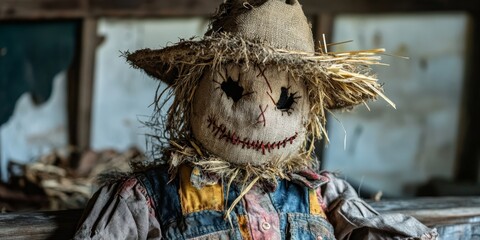 Wall Mural - a DIY scarecrow costume with a hand-stitched burlap hat, straw details, and a patched shirt, set on a rustic crafting table