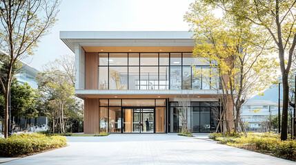 Poster - Modern building with glass facade and wooden accents.