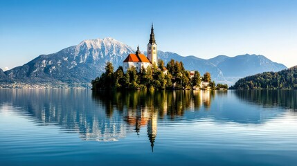 The serene waters of Lake Bled, Slovenia, with its iconic island church and surrounding Julian Alps The moon