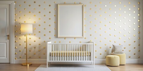 Bright and modern crib nook with a golden dots poster and accents , nursery, baby, crib, cozy, interior design, decorations