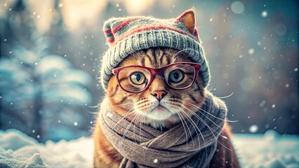 A cute cat with glasses, a winter scarf, and a beanie exploring the snowy outdoors