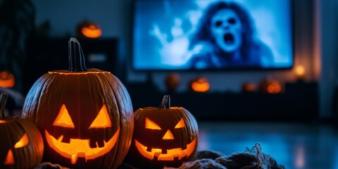 Wall Mural - Glowing jack-o'-lanterns lighting up a dark room during a Halloween movie night, with a classic horror film playing on the screen