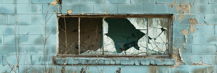 Canvas Print - Stories of neglect and abandonment seen in a broken window of a deteriorating cinder block structure.