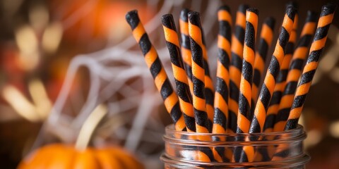 Wall Mural - spooky Halloween candy sticks with twisted black and orange stripes, displayed in a mason jar with spiderweb decorations