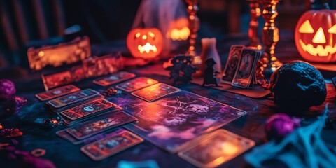 Wall Mural - a Halloween trivia game with creepy question cards and a dark, spooky game board, set on a table with themed decorations