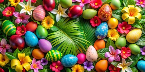 Vibrant tropical Hawaiian Easter celebration with colorful floral decorations and eggs