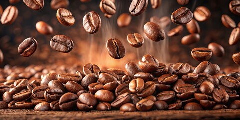 Close up view of roasted coffee beans falling with organic aroma and caffeine in focus