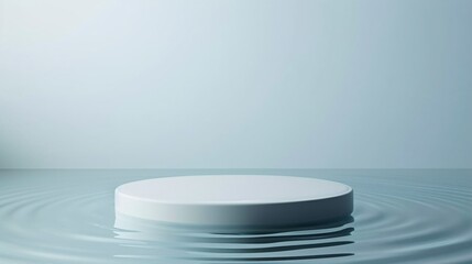 Wall Mural - 29. Minimalist product display, circular white platform, calm water surface with gentle concentric ripples, pale blue background, serene and tranquil atmosphere, clean design, 3D render, soft