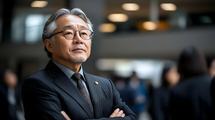 Portrait of a thoughtful businessman in a suit, looking up with his arms crossed.