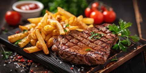 Poster - Charbroiled Beef with Crispy Potatoes, Herbs, and Tomatoes