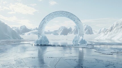 Wall Mural - 51. Ice landscape, frozen lake, circular ice podium, large arch, snowy mountains, pale sky, winter scene, 3D rendering, photorealistic, product display, minimalist design, cold color palette,