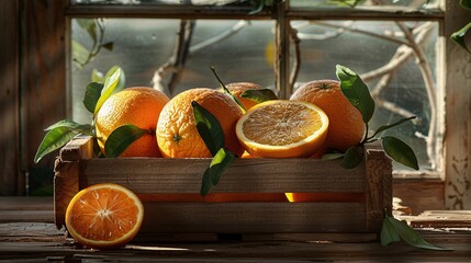 74. juicy oranges in a wooden box, one orange cut in half showing detailed pulp, fresh green leaves 