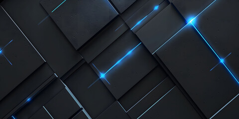 Wall Mural - Abstract blue glowing neon lines on a black background with , featuring futuristic geometric shapes and fluid stripes, perfect for technology-inspired designs or high-tech digital art.