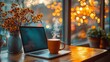 © Paniti - A quiet cafe corner with a person working on a laptop, surrounded by warm colors and a steaming coffee mug, creating a relaxing work atmosphere