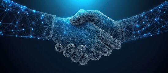 Digital handshake on blue technology background. Abstract two hands in lines, connected dots, and triangles. Polygonal grid 3D illustration. Business partnership concept. Low poly wireframe