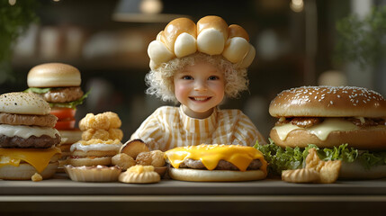 Smiling girl with curly hair wearing a bread hat and looking at the camera,  surrounded by many hamburgers and snacks on a wooden table.