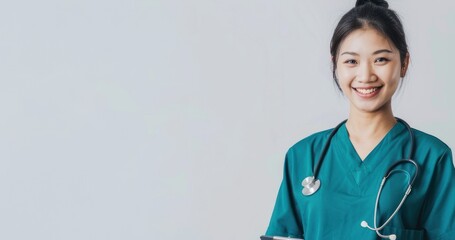 Smiling Female Doctor in Green Scrubs