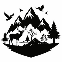 Poster - Mountain and Wildlife Black silhouette