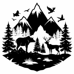 Poster - Mountain and Wildlife Black silhouette