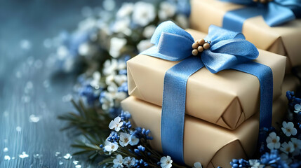 Wall Mural - Two gift boxes with blue ribbon and bow, surrounded by blue and white flowers, on a blue wooden background.