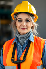 A confident woman wearing a yellow hard hat and safety vest, standing in an industrial setting. She has short, wavy hair and a determined expression, embodying strength and professionalism.