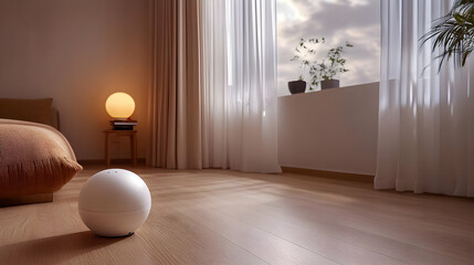 Wall Mural - White sphere object on wooden floor in a bedroom with a bed, table lamp, and window with sheer curtains.