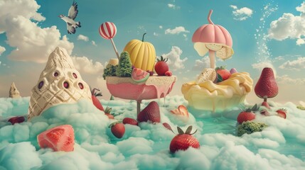 Wall Mural - surreal fantasy landscape of candy and fruit.