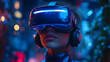 © Siasart Stock - Woman in a virtual reality headset with neon lights in the background.