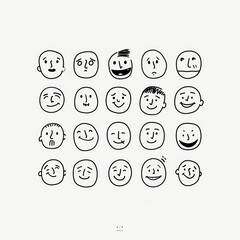 A 2D set line illustration featuring a set of black and white faces, each showing various happy and smiling emotions with simple, clear expressions.