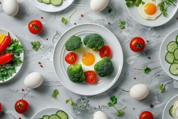 Flat lay of vegetables and eggs on white plates, broccoli centered, tomatoes and red bell pepper, white background.