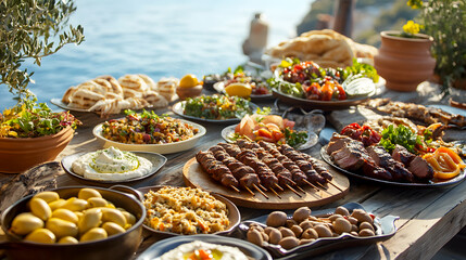 Wall Mural - Mediterranean Feast Style A vibrant spread of Mediterranean-style lamb dishes, including grilled lamb skewers, lamb kofta, and a whole roasted lamb shoulder