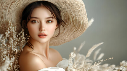 Canvas Print - Woman with a straw hat, flowers and a soft expression.