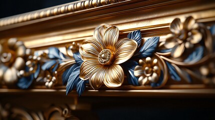 A detailed close-up of a decorative frame featuring intricate gold and blue floral carvings, showcasing artistic craftsmanship.