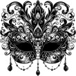 © Koko - carnival mask on black, masquerade mask on black, Vector Illustration. Golden carnival mask with feathers. Beautiful concept design for greeting card, party invitation, banner or flyer.