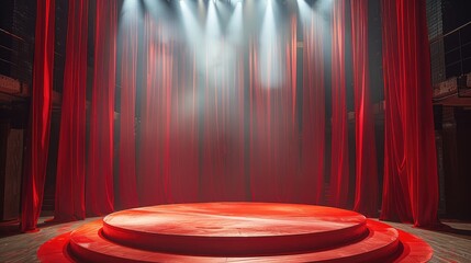 Aufkleber - A circular stage in the middle of a sports hall, with red silk and red flags on the stage. Generative AI.