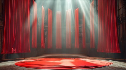 Aufkleber - A circular stage in the middle of a sports hall, with red silk and red flags on the stage. Generative AI.