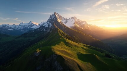 The breathtaking views of the Swiss Alps, with snow-capped peaks and rolling green meadows under a clear sky at sunrise