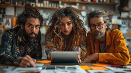 Poster - A group of creative professionals in a brainstorming session, surrounded by mood boards, sketches, and digital tablet. Generative AI.