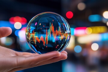 Wall Mural - Economic Bubble, Hand holding a crystal ball with financial data inside, Fragile market prediction.