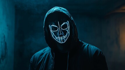 Portrait of an anonymous man, hacker wearing neon mask over dark room background