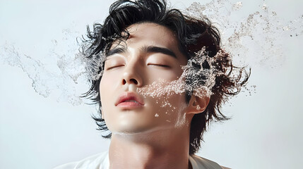 Young man with closed eyes underwater with splashes of water around his face.