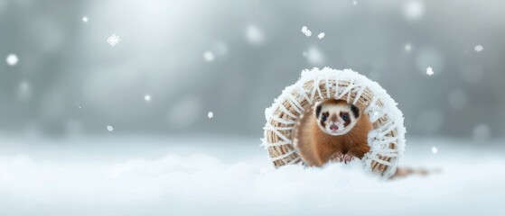 Playful Ferret in a Snowy Tunnel, a curious ferret peeks out from a snowy, woven tunnel, surrounded by softly falling snowflakes in a serene winter landscape.