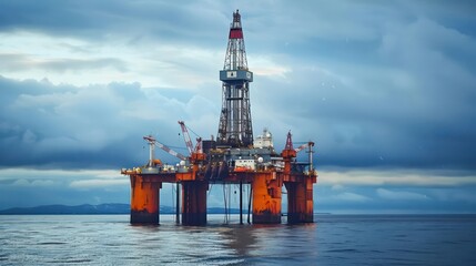 A large oil rig platform in the sea, with a crane loading cargo onto a ship at the industrial port, showcasing maritime industry operations