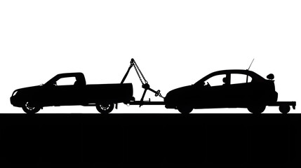 Canvas Print - A black and white silhouette of a tow truck towing a car on a flatbed. The image is simple and clear, showing the side view of both vehicles.