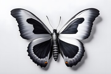 Wall Mural - A unique butterfly with metallic silver and black wings on a white background, AI Generated