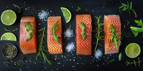 Salmon fillet divided into three parts with lime salt pepper arugula fennel and rosemary prepared for cooking