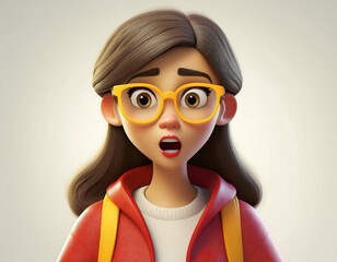 Surprised shocked scared cartoon character young woman teen girl person portrait with opened mouth and big wide opened eyes in 3d style design. Human people feelings expression concept