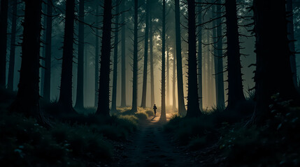 A lone hiker strolls down a tranquil forest path, surrounded by towering trees as the last light of day beams through the branches, creating a serene atmosphere