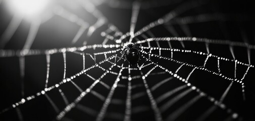 A close-up shot of a spider web glistening with dew drops, showcasing intricate patterns against a dark background.