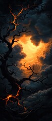 Poster - A dramatic scene featuring dark clouds lit by an orange glow, creating an intense atmosphere with a striking tree silhouette.